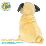 A plush pug dog toy shown from the back, featuring a light tan body and dark gray ears, on a white background with a circular brand logo in the top-left and safety text at the bottom.