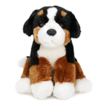 A plush Bernese mountain dog stuffed animal toy, featuring its signature black, white, and brown tri-color fur pattern, sitting against a solid white background.