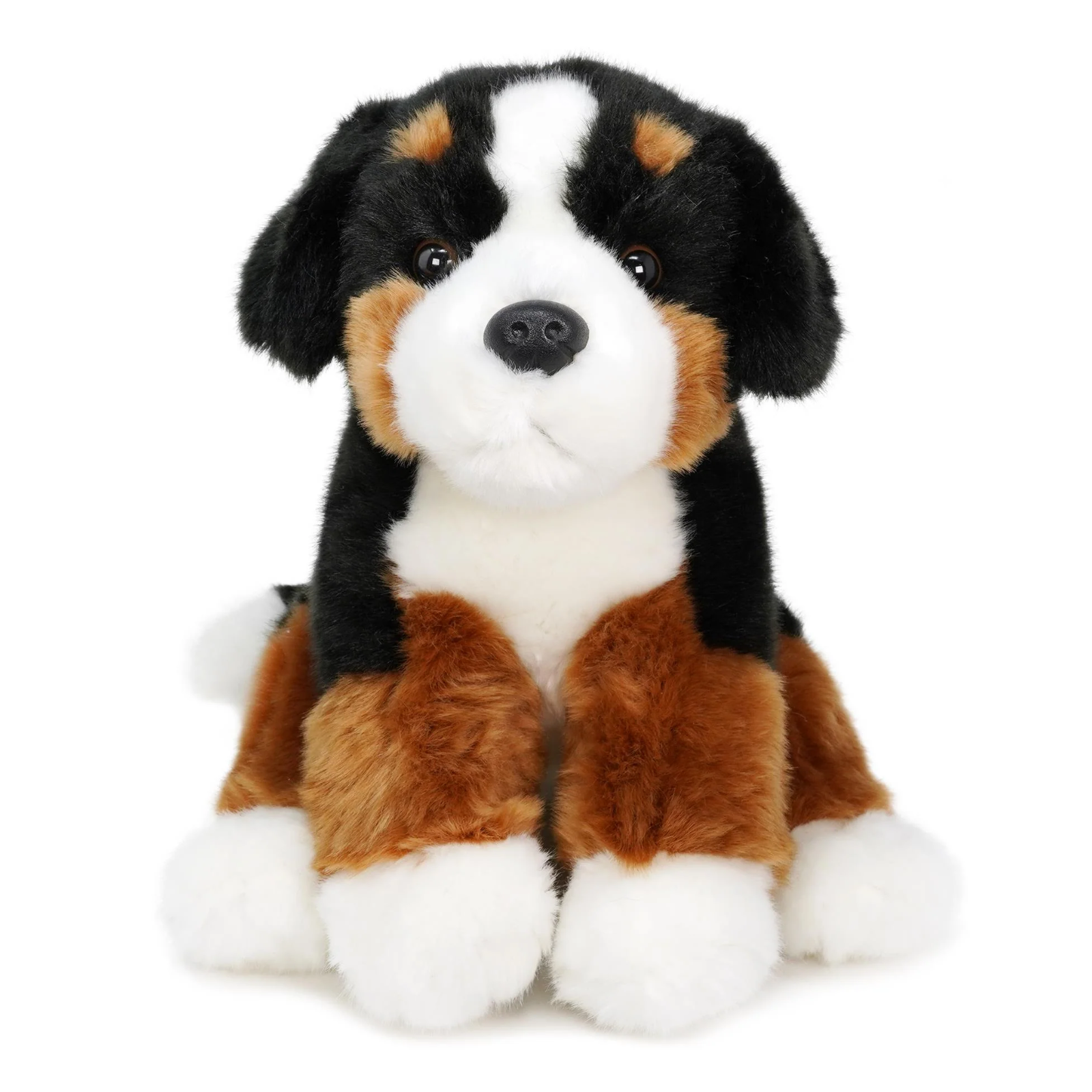 A plush Bernese mountain dog stuffed animal toy, featuring its signature black, white, and brown tri-color fur pattern, sitting against a solid white background.