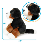 A Bernese mountain dog plush toy shown on a white background with blue dimension arrows indicating 12.5 inches wide by 9.5 inches tall.