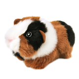 A realistic plush guinea pig toy with brown, white, and black fur, featuring a small pink nose and a glossy black-and-white eye, photographed on a solid white background.