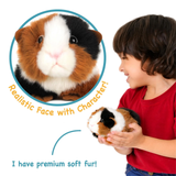 A child in a red shirt holds a realistic guinea pig plush toy while an inset shows a close-up of the plush's face. Text on the image highlights the realistic face and character, plus premium soft fur.