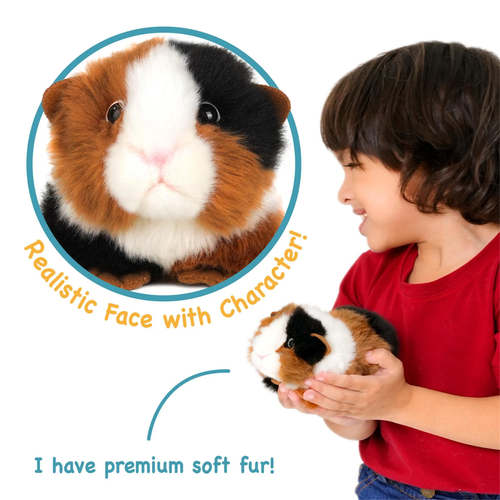A child in a red shirt holds a realistic guinea pig plush toy while an inset shows a close-up of the plush's face. Text on the image highlights the realistic face and character, plus premium soft fur.