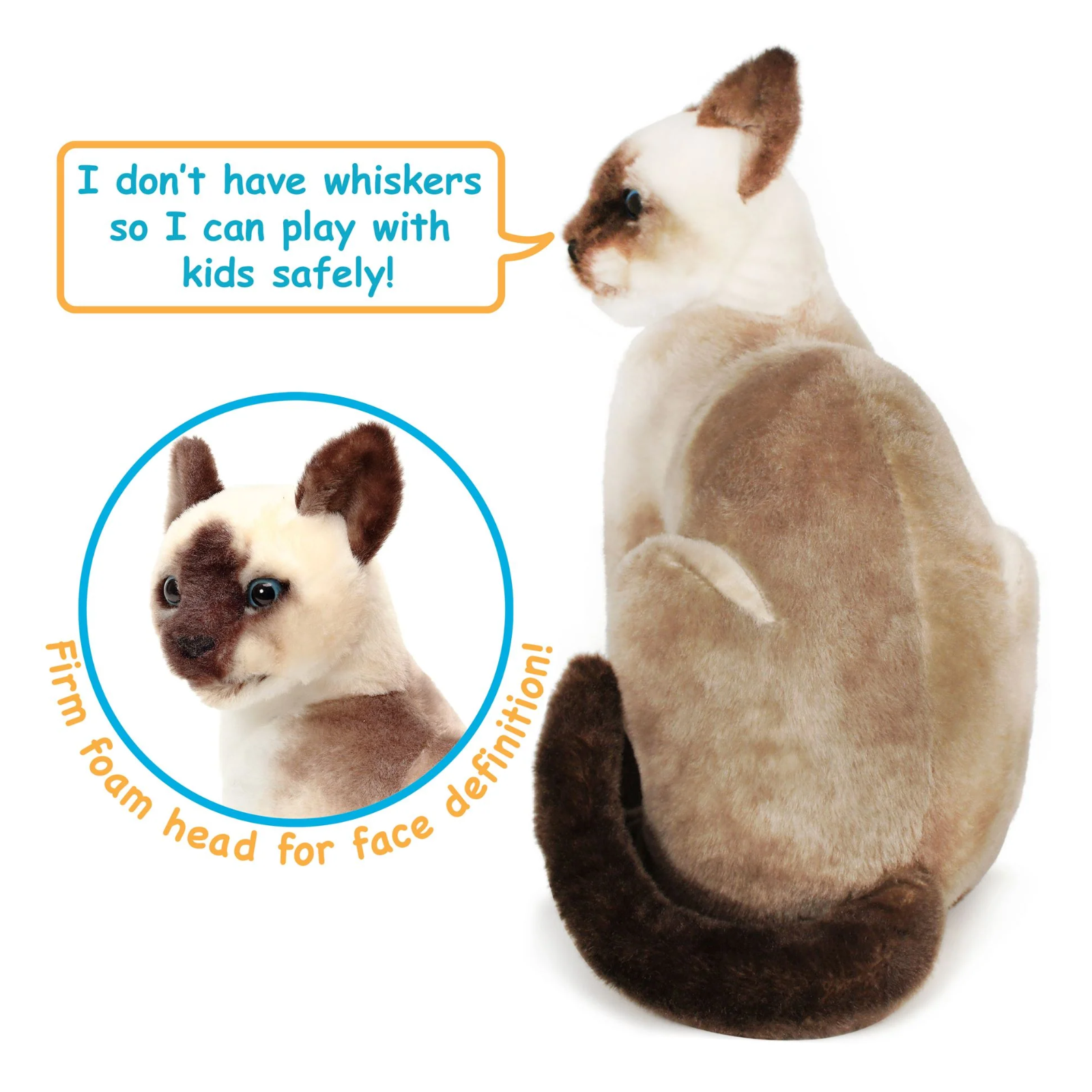 A plush Siamese cat toy shown on a white background, with a speech bubble reading 'I don't have whiskers so I can play with kids safely!' and a circular inset mentioning the foam face. The product is a soft stuffed cat with cream, tan, and dark brown fur.