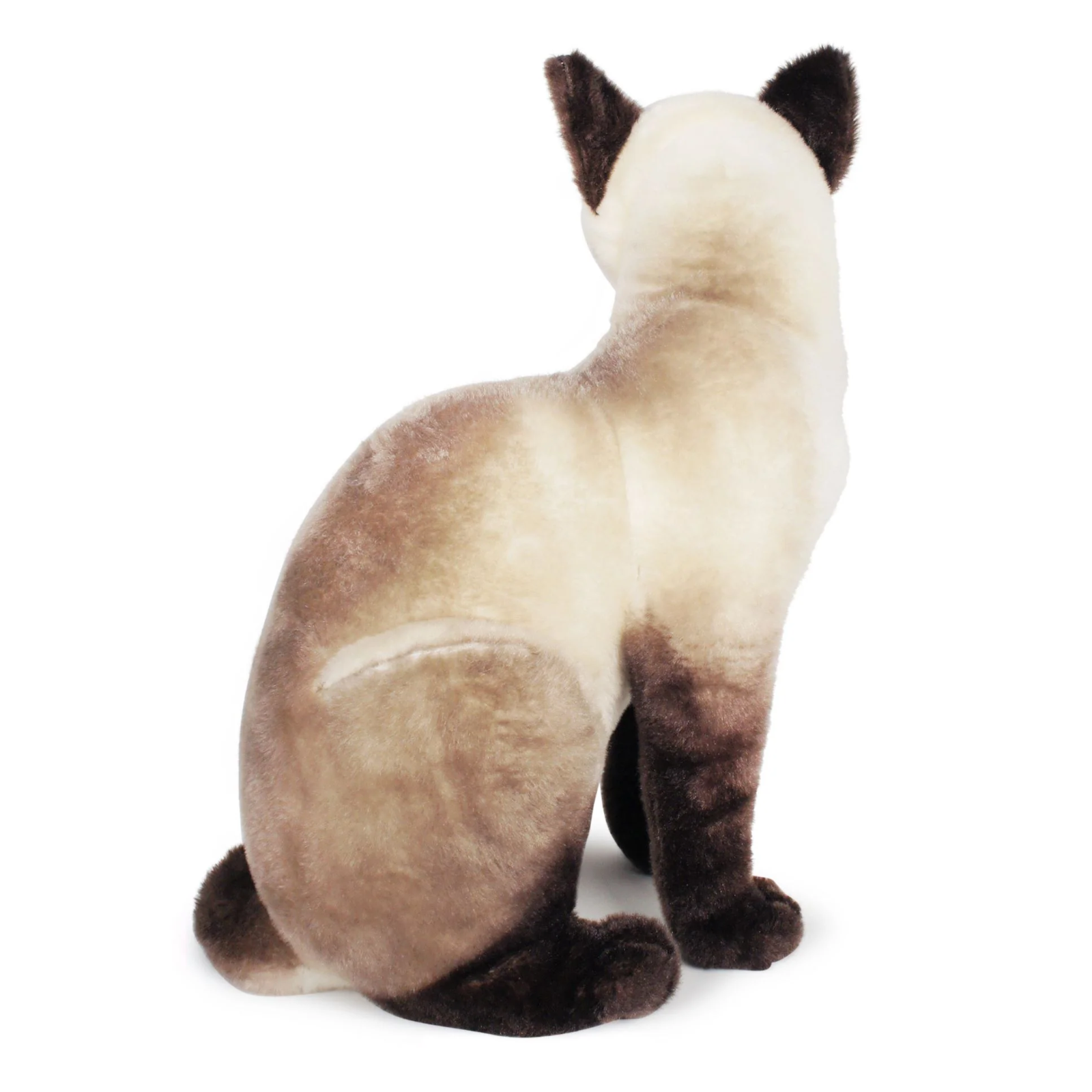 A plush Siamese cat toy shown from the back, featuring a cream-colored body with dark brown ears, paws, and tail, set against a plain white background.