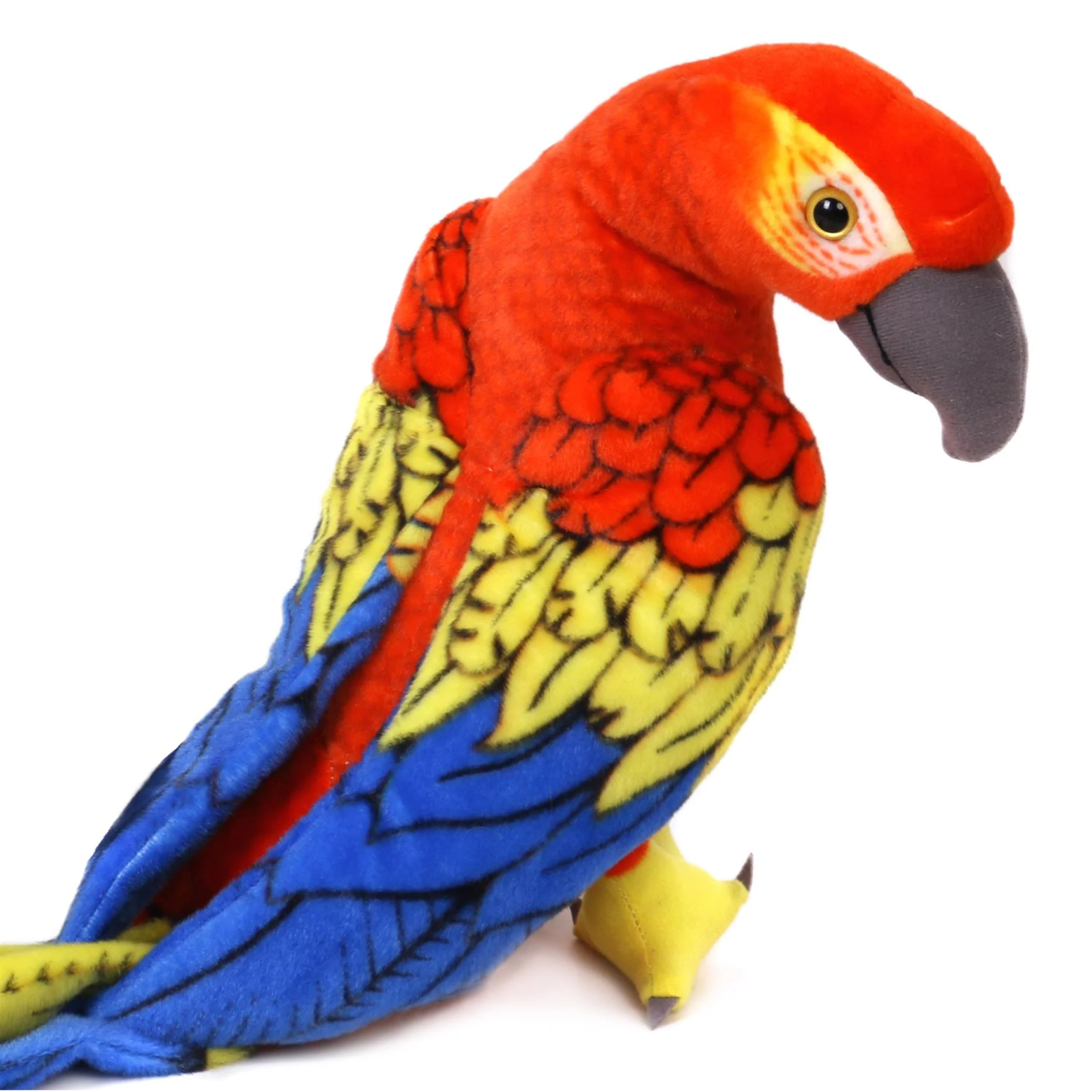 A plush toy parrot with a bright red head and back, yellow wings, and blue tail feathers, shown against a plain white background.