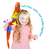 A smiling young girl with long blonde hair in a pink shirt holds a colorful plush parrot on her shoulder against a white background, with the text 'Let's Play, Learn, and Cuddle Together!' curved around them.