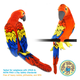 Two colorful toy parrot plush figures perched on a black horizontal bar against a white background, with text at the bottom stating compliance information and a circular 'Tiger Tale' logo.