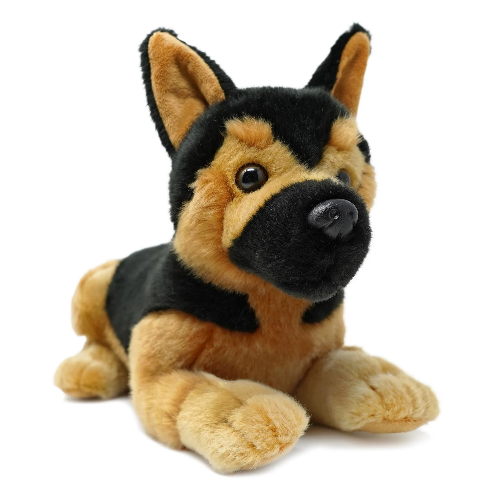 A plush toy dog styled like a German Shepherd, featuring black and tan fur, lying down on a solid white background.