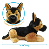 German Shepherd plush toy shown lying down on a white background, with a blue measurement arrow noting 14 inches long and a circular inset showing the realistic face detail.