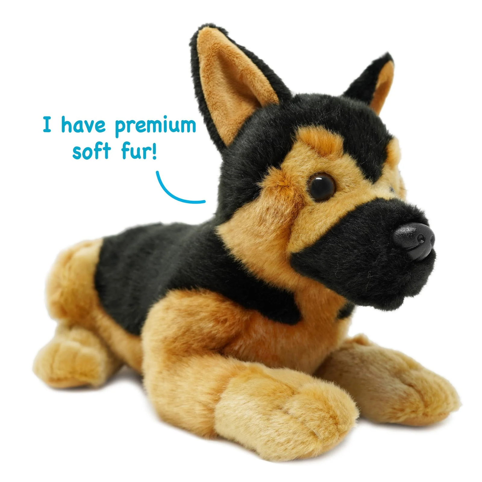 A plush toy dog styled like a German Shepherd, lying down on a white background. The text 'I have premium soft fur!' is written in blue next to it.