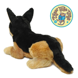 A plush German Shepherd toy shown from the back. The toy is black and tan.