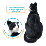 A plush black and white cat with a zoom circle detailing the firm foam face and lack of whiskers for safe child play.