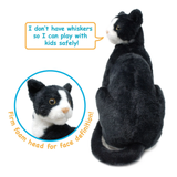 A plush black and white cat with a zoom circle detailing the firm foam face and lack of whiskers for safe child play.