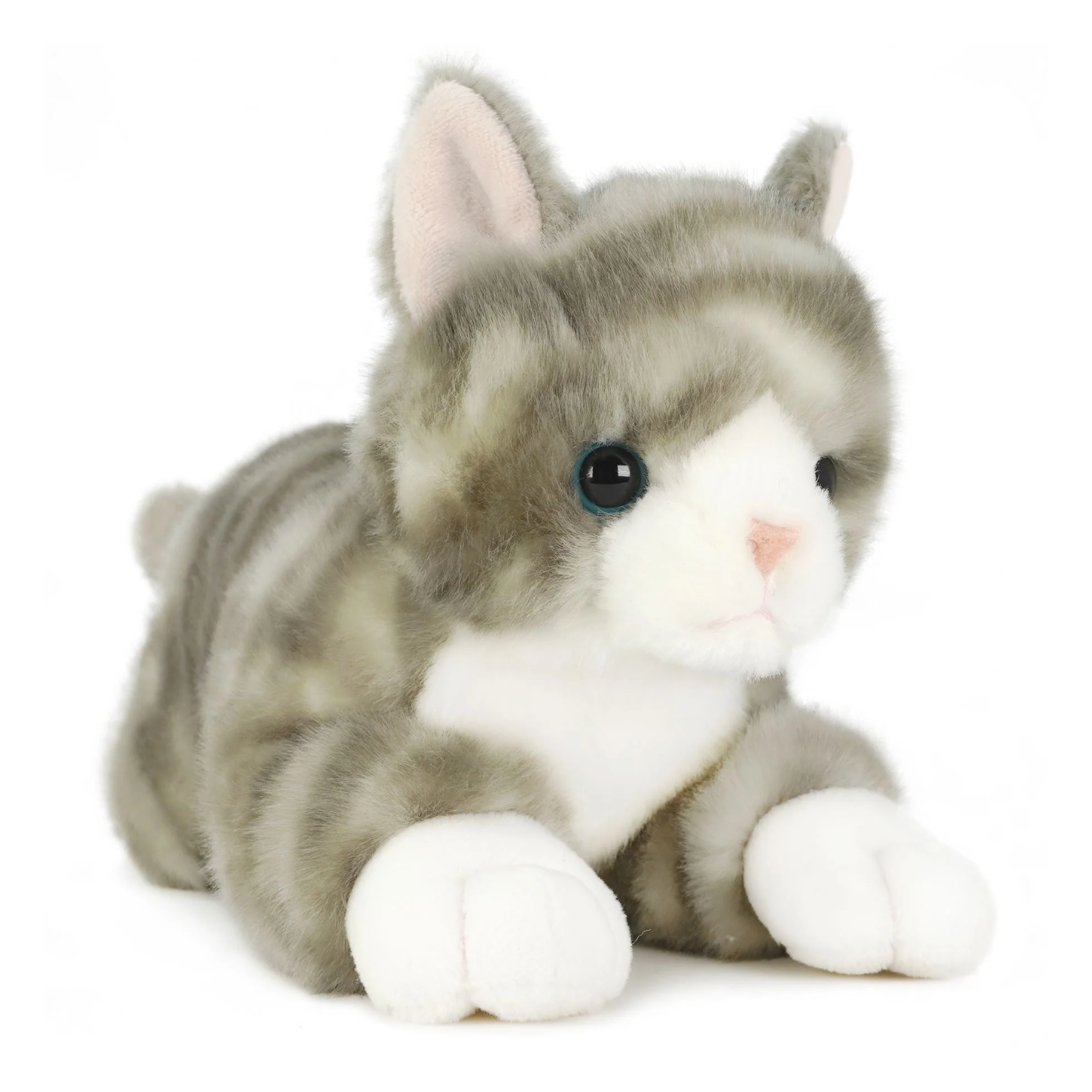 A gray and white tabby kitten plush toy with black eyes and a pink nose, lying down on a white background.