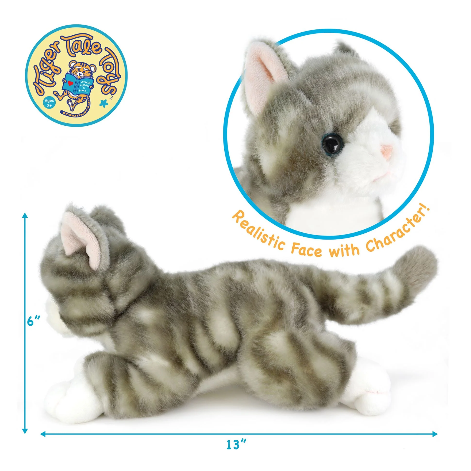 A grey and white plush tabby with direction arrows indicating 13 inches long and 6 inches tall, with a detail circle pointing out the realistic face of the character.