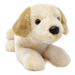 A plush puppy toy in a lying position, featuring cream-colored fur with tan ears and a black nose, photographed on a solid white background.