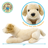 A plush puppy toy in a lying position, shown on a white background with a circular inset of its realistic face and text reading 'Realistic Face with Character!' and a dimension marker of 17 inches long.