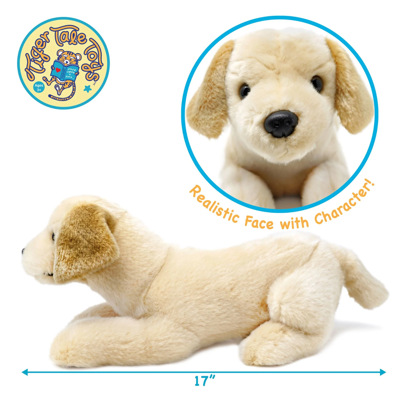 A plush puppy toy in a lying position, shown on a white background with a circular inset of its realistic face and text reading 'Realistic Face with Character!' and a dimension marker of 17 inches long.