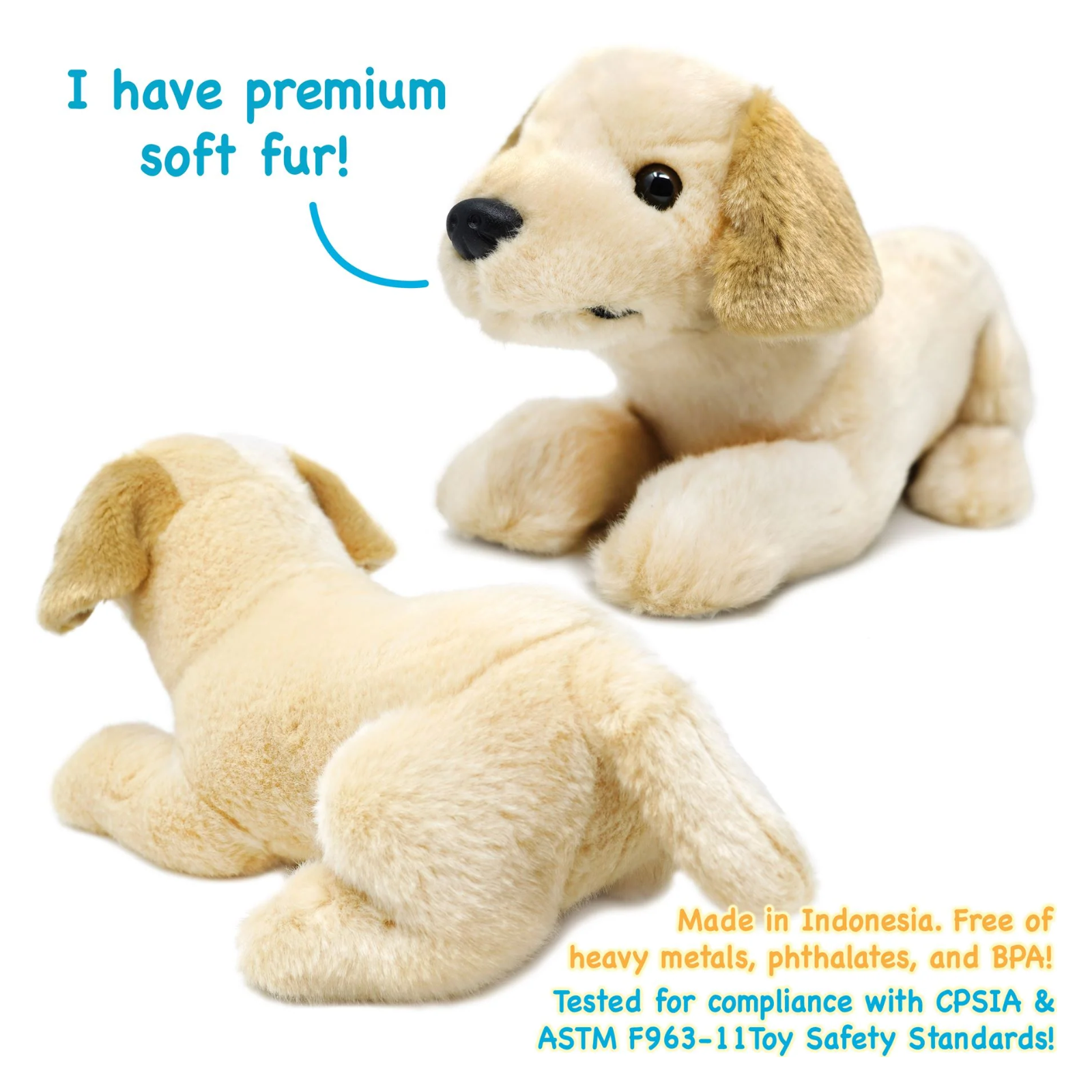 A plush puppy toy shown from two angles on a white background, with blue and yellow text callouts about soft fur and safety standards.