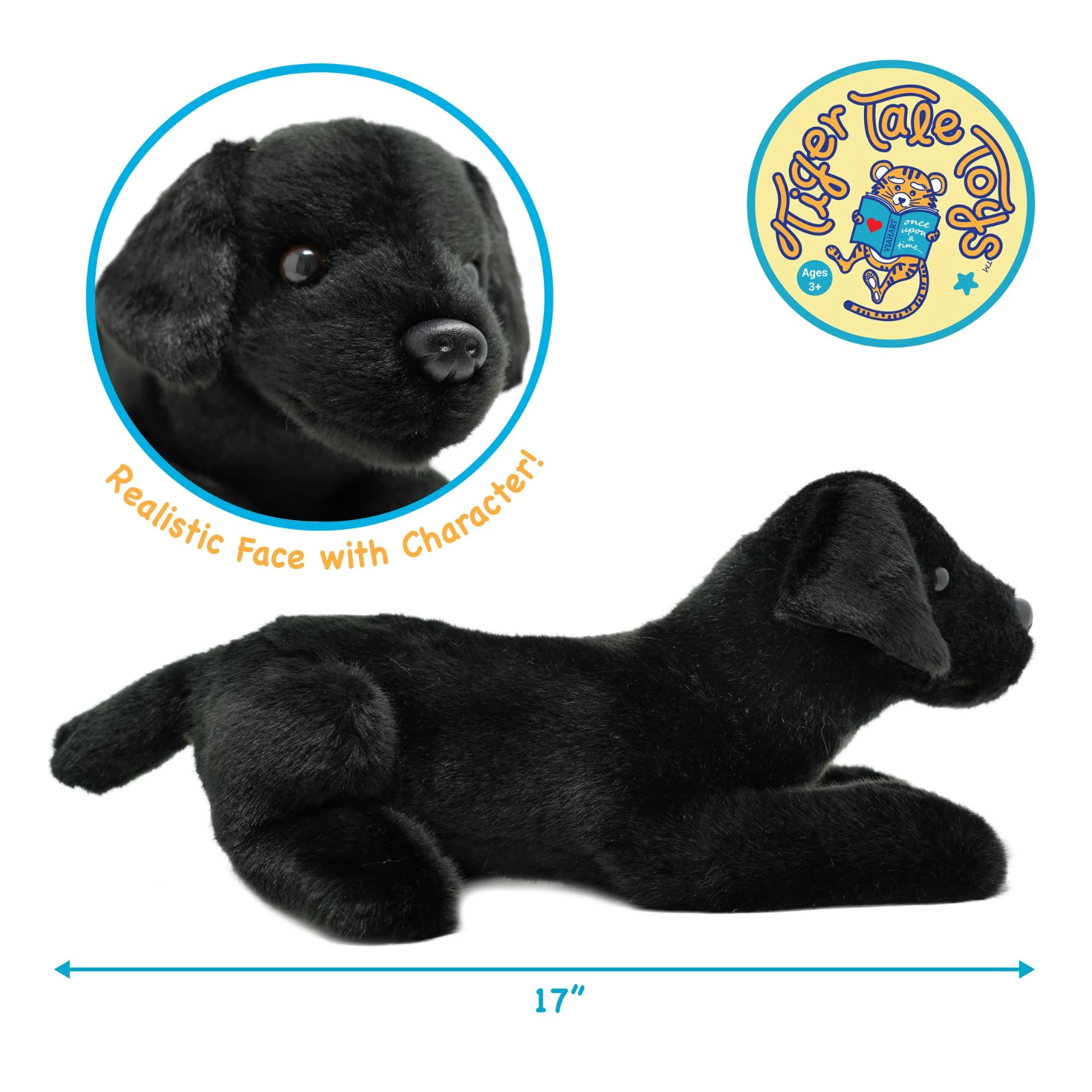 A black plush puppy toy shown lying down on a white background, with a circular inset of the puppy's realistic face and text reading 'Realistic Face with Character!' plus a brand logo for 'Kicker Tales Toys' and a 17-inch size marker.