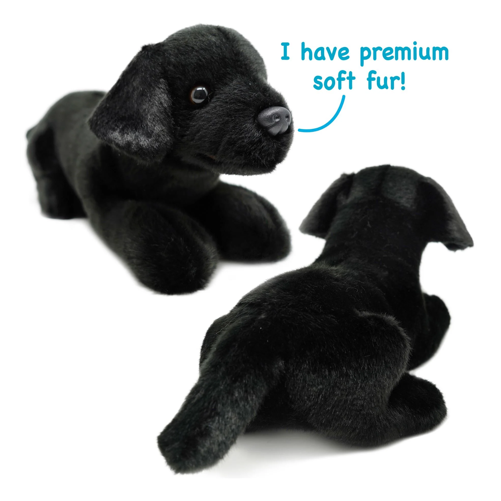 Two black plush puppy toys shown on a white background, one from the front and one from the back, with a blue text bubble that reads 'I have premium soft fur!'.
