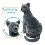 A gray plush cat toy shown on a white background, with a speech bubble reading 'I don't have whiskers so I can play with kids safely!' and a circular inset showing the foam face construction. The product is the cat plush itself; the text and inset are explanatory graphics, but the main subject remains the product rather than an instruction diagram.