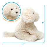 Cream-colored curly plush dog toy shown on a white background with blue dimension arrows indicating 12 inches wide by 9 inches tall, plus a circular inset close-up of the face with the text 'Realistic Face with Character!'.
