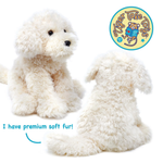 A plush dog toy shown from the front and back on a white background, with a circular 'Tiger Tales' logo in the top right and the text 'I have premium soft fur!' in the bottom left.