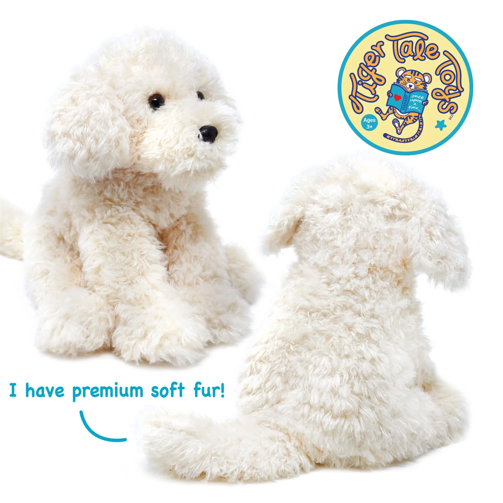 A plush dog toy shown from the front and back on a white background, with a circular 'Tiger Tales' logo in the top right and the text 'I have premium soft fur!' in the bottom left.