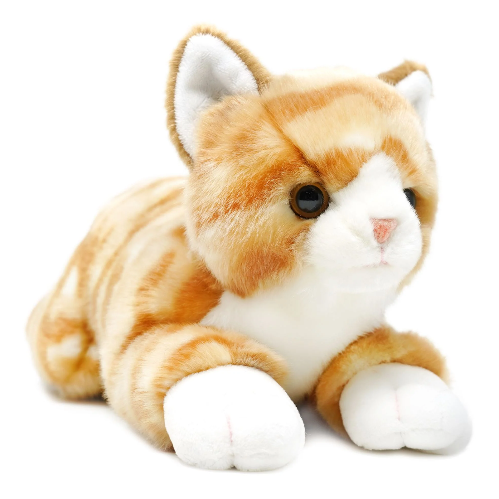 An orange and white tabby cat plush toy lying down on a white background.