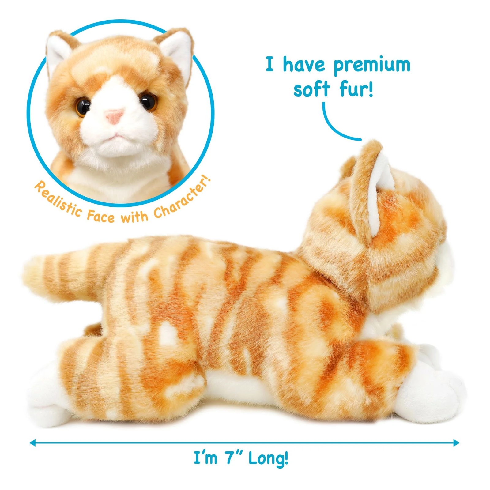 An orange and white tabby cat plush toy lying down on a white background with blue direction arrows indicating the toy is 7 inches long and a detail circle highlighting the realistic character face.