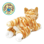 An orange and white striped plush cat toy shown from behind on a white background, with a circular Tiger Tale Toys logo in the top-left corner.