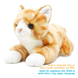 An orange and white tabby cat plush toy lying down on a white background, with text at the bottom stating 'Made in Indonesia. Free of heavy metals, phthalates, and BPA! Tested for compliance with CPSIA & ASTM F963-11Toy Safety Standards!'.