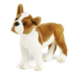 A brown and white plush dog toy, likely a Boston Terrier, standing on a clean white background.