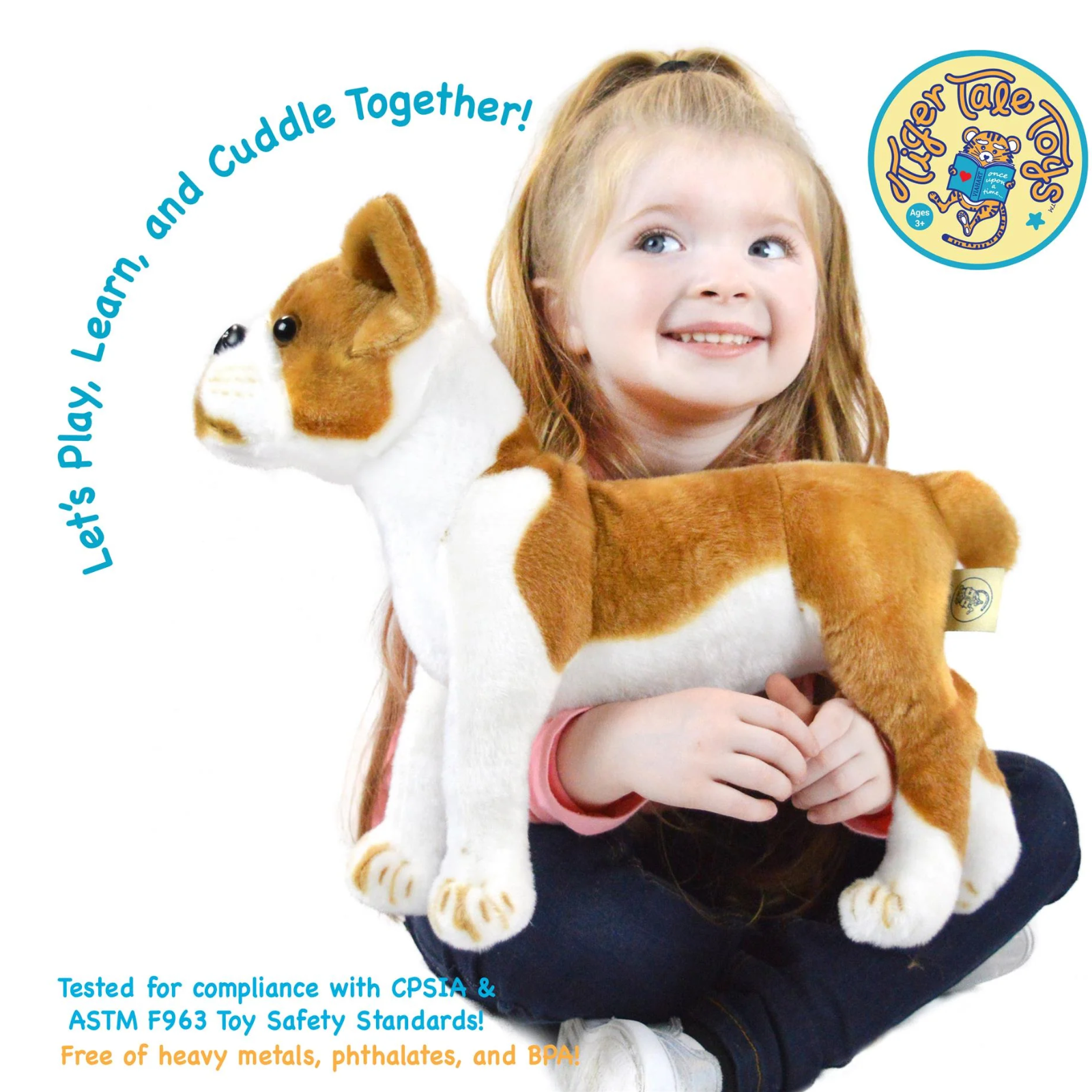 A young child smiling while holding a plush dog toy against a white background, with promotional text and a circular 'Tiger Tales' logo visible.