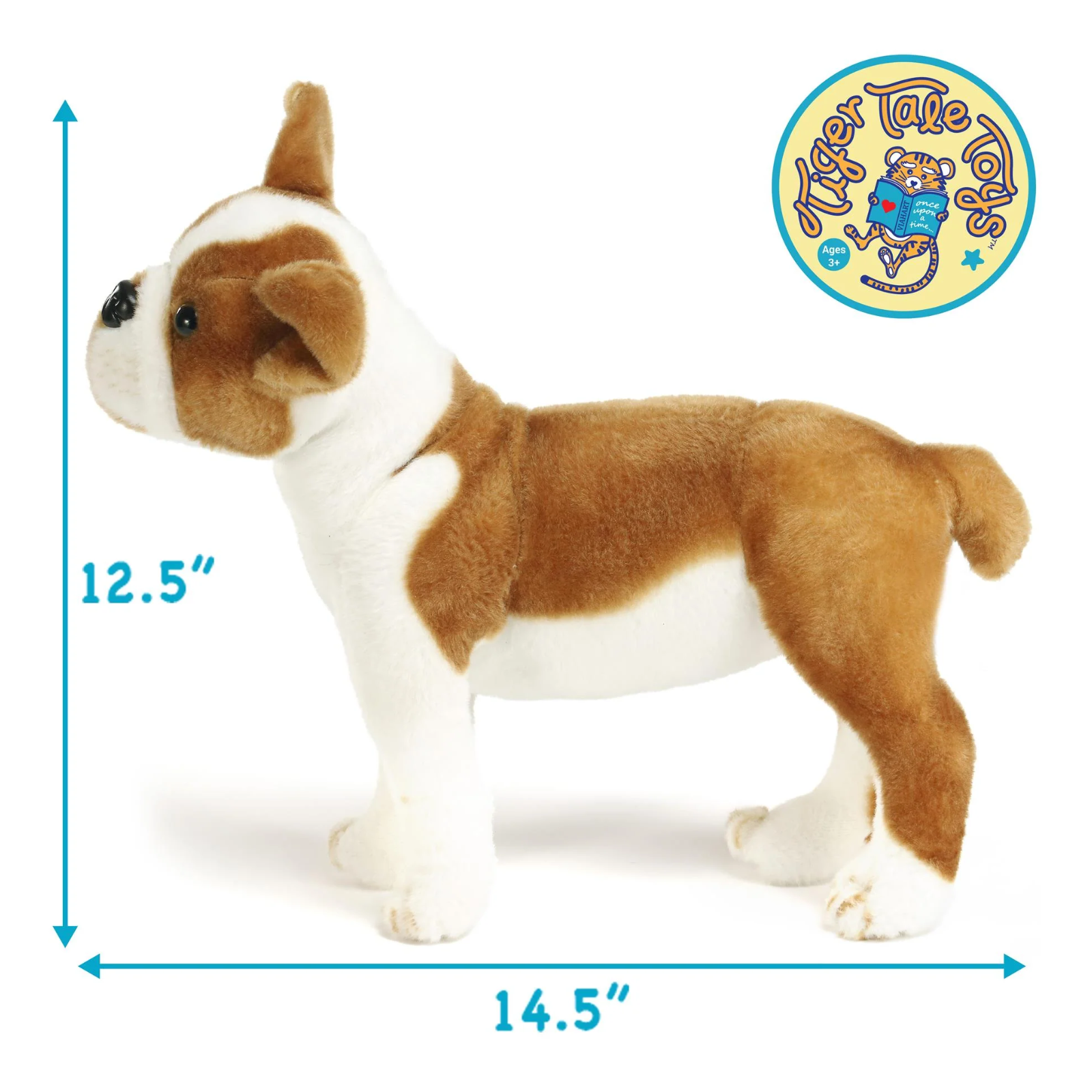 A brown and white stuffed Boston Terrier toy shown in profile on a white background, with blue dimension arrows indicating 12.5 inches tall and 14.5 inches long.