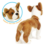 A brown and white plush puppy toy shown from the back on a white background, with a circular inset showing the realistic face detail and the text 'Realistic Face with Character!'.