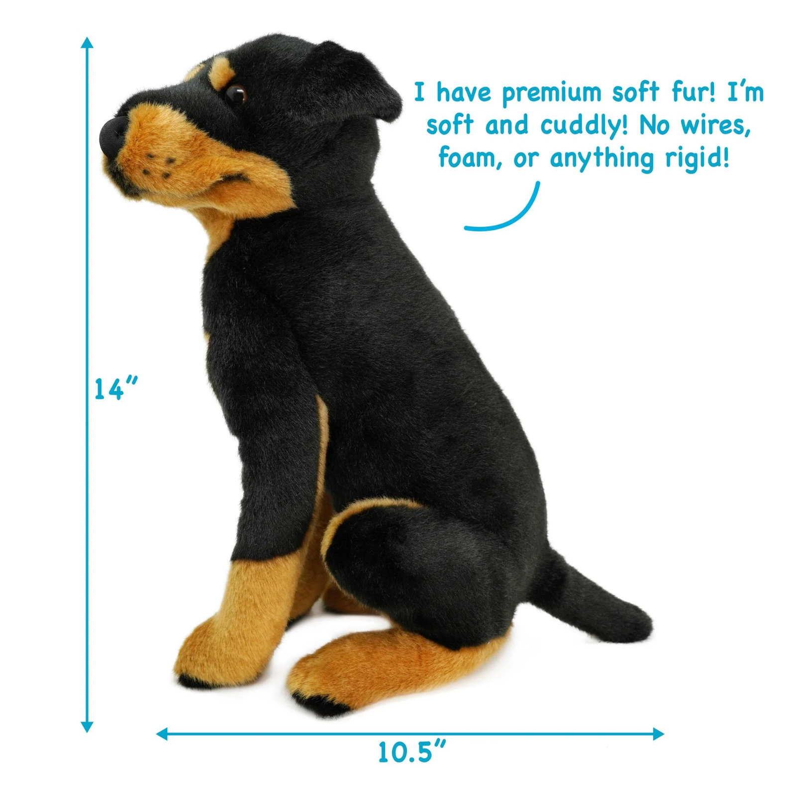 A plush Rottweiler dog toy shown on a white background with blue measurement arrows indicating 14 inches tall and 10.5 inches wide, plus marketing text about premium soft fur.
