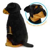 A plush Rottweiler dog toy shown from the back and side, with a circular inset showing a close-up of its realistic face. The toy is black with tan markings and is photographed on a white background.