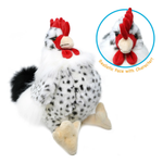 A plush rooster toy with a black-and-white speckled body, red comb and wattle, and beige feet and beak, shown on a white background with a circular inset highlighting its realistic face.