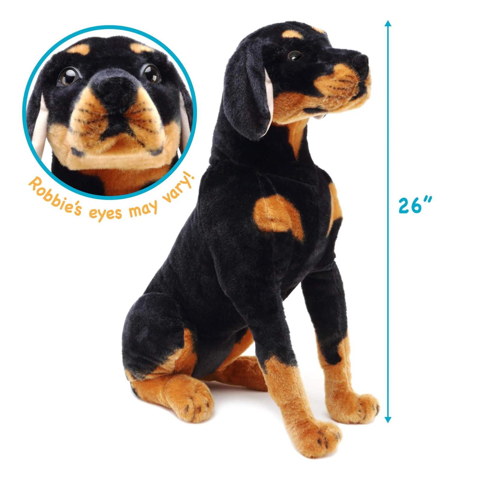 A black and tan plush dog toy shown on a white background with a blue height marker reading 26 inches and a circular inset close-up of the face with the text 'Robbie's eyes may vary!'.