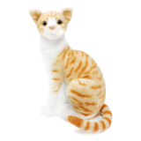 A plush toy cat in a sitting position, featuring orange and white fur with realistic button eyes and a soft texture, isolated on a white background.