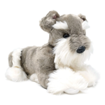A plush dog toy shaped like a gray and white schnauzer, lying down on a clean white background.