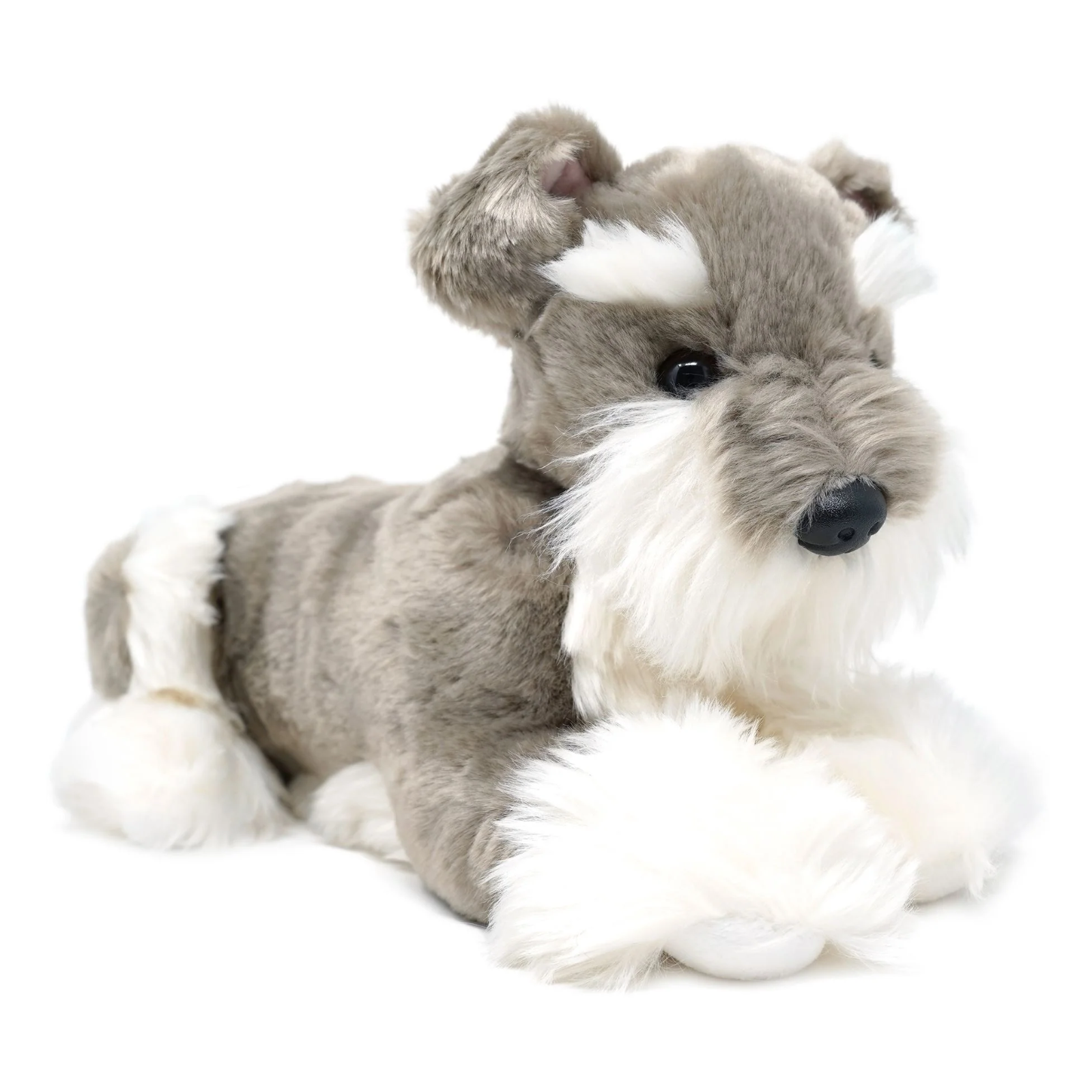 A plush dog toy shaped like a gray and white schnauzer, lying down on a clean white background.