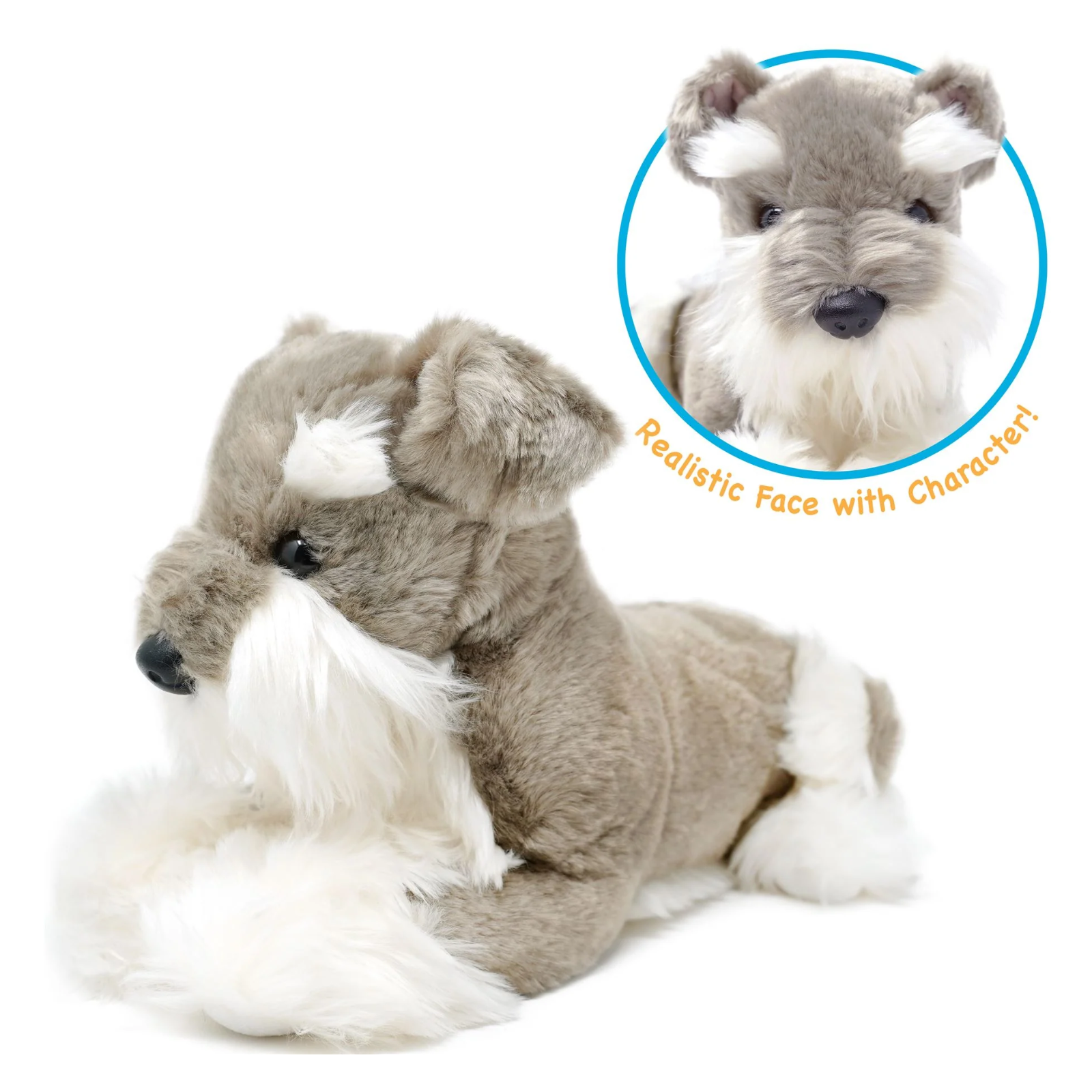 A plush dog toy styled like a gray and white Schnauzer, lying down on a white background. An inset circle at the top right shows a close-up of its realistic face with the text 'Realistic Face with Character!'.