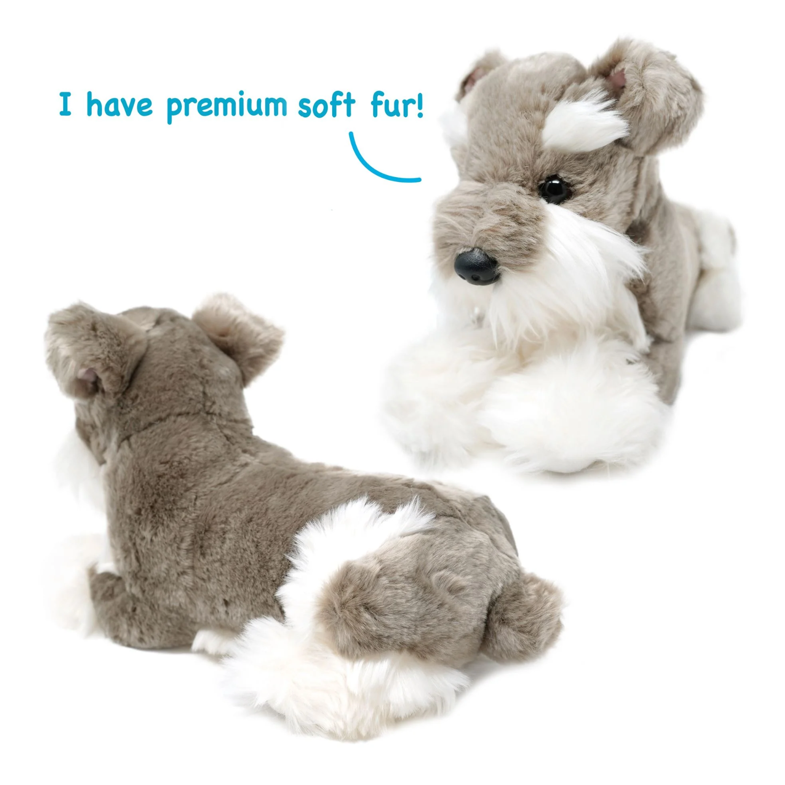 A plush dog toy shown from two angles on a white background, with blue text reading 'I have premium soft fur!' pointing to the toy's fluffy fur.