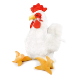 A plush toy rooster with fluffy white feathers, a bright red comb and wattle, a yellow beak, and orange-yellow feet, photographed on a plain white background.