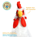 A plush chicken toy with fluffy white feathers, bright red comb and wattle, and a yellow beak, shown on a white background with promotional text and a circular 'Tiger Tales' logo, and safety text in the corner.