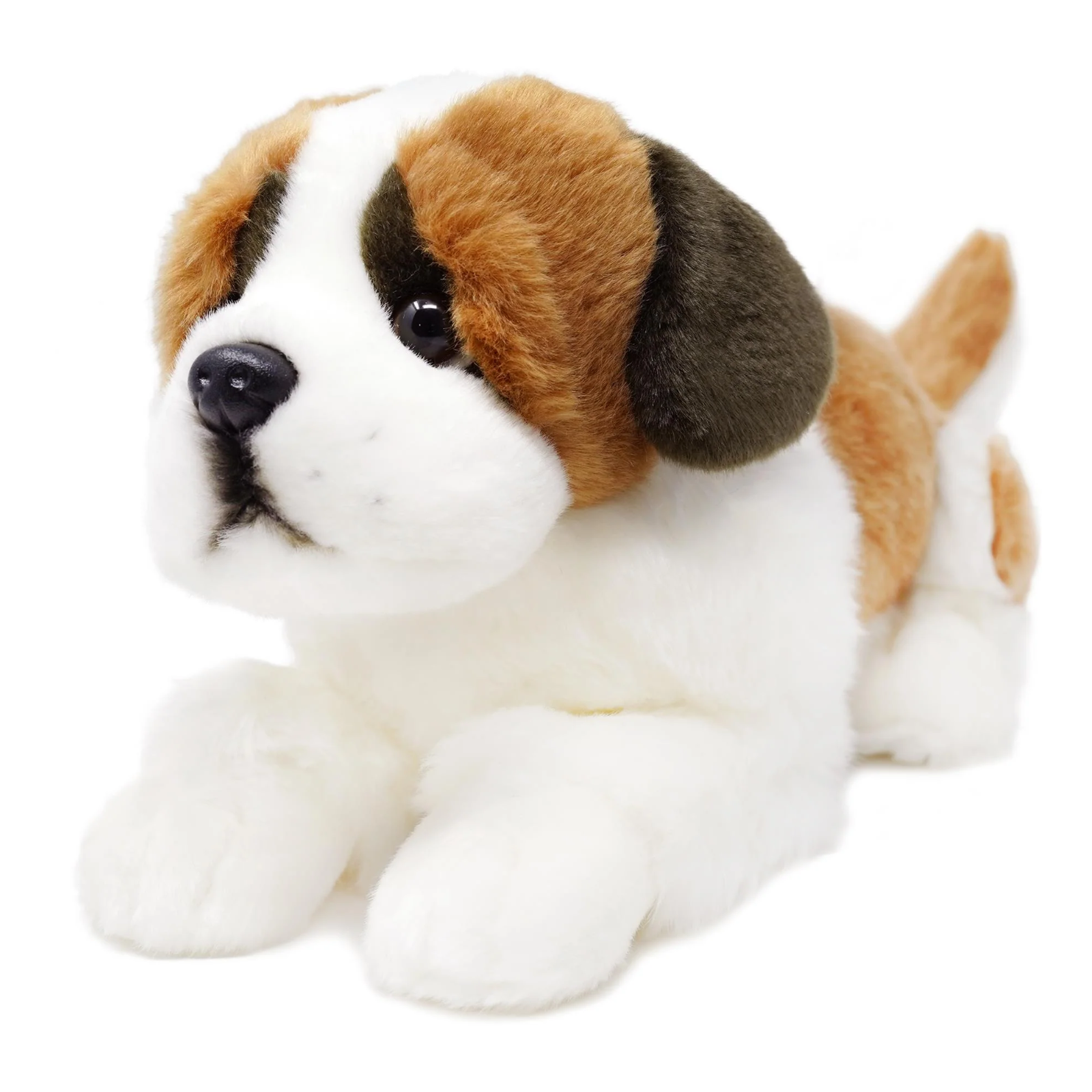 A plush dog that is brown, white, and black